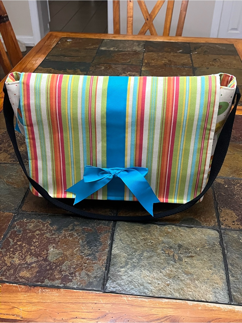 Striped Multi-Color Messenger Bag with Blue Bow